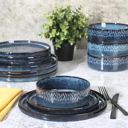 Gibson Elite 12 Piece Matisse Moderna Stoneware Reactive Glaze Plates and Bowls Dishes Dinnerware Set - Cobalt Blue - color: Cobalt Blue (Moderna), size: Service for 4 (12pcs)