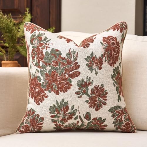 Rust Floral Throw Pillow Cover 18x18 Fall Vintage Flower Pillow Cover Farmhouse Cushion Cover Neutral Summer Outdoor Chenille Pillowcase Home Decor for Couch Sofa Bedroom Living Room - color: F-rust, size: 18" x 18" (Pack of 1)