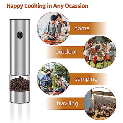 Electric Stainless Steel Pepper & Salt Grinder, Battery Operated, Pack of 2 | One-hand button switch, adjustable coarseness, LED light, transparent container easy to refill & clean - color: Silver + two grinders