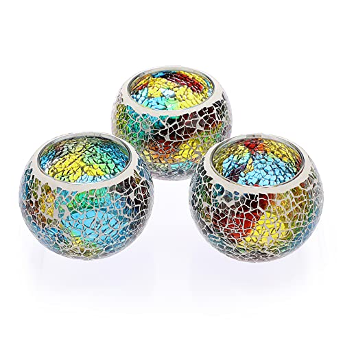 OwnMy 3PCS Mosaic Glass Tea Light Holders Round Bowl Votive Candle Holders | Colorful Mosaic Glass Pillar Candle Stands, Glass Mosaic Tealight Candle Holders for Wedding Table Centerpieces Home Decors - color: Rainbow