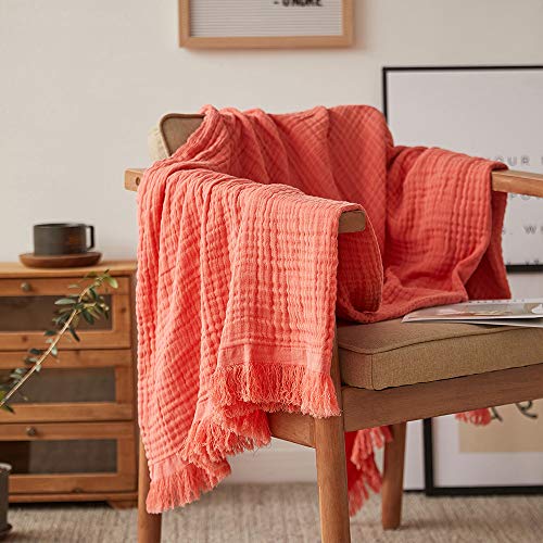 Simple&Opulence Cotton Muslin Throw Blanket for Bed, Couch, Knit Woven Gauze Blanket with Tassels, Soft Lightweight Cozy Pre-Washed Breathable Farmhouse Decoration for All-Season (Coral Red) - color: Coral Red