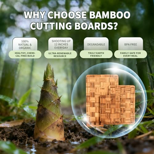 BAMBANG Bamboo Cutting Board for Kitchen with Juice Groove, End-Grain Butcher Block Chopping Boards, Checkered Wooden Cutting Boards Set of 3 with Stand, Knife-Friendly, Serving Tray - color: End Grain
