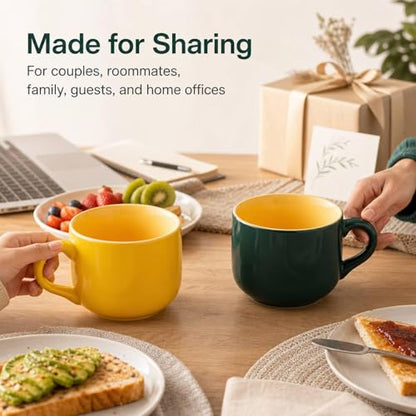 20 oz Ceramic Mug Set of 2, Yellow and Dark Green Oversized Coffee Cups for Tea, Soup, Cereal and Oatmeal, Wide Mouth Large Handle, Microwave Dishwasher Safe - color: 20 oz-Yellow&Dark green