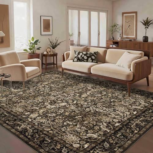 Vintage Floral Area Rug 6x9: Soft Washable Brown Carpet Living Room | Oriental Style Perfect for Sofa Area Bedroom Study Non-slip Stain Resistant Easy to Clean Low-Pile 0.2in Fits under Furniture - color: Brown and Gold, size: 6' x 9' (Rectangular)