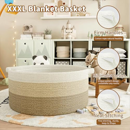 125L Extra Large Blanket Basket, 25" x 16" | Jumbo Laundry Woven Cotton Rope Basket with Handles, Baby Toy Storage, Gradual Brown - color: gradual brown, size: 1 Pack