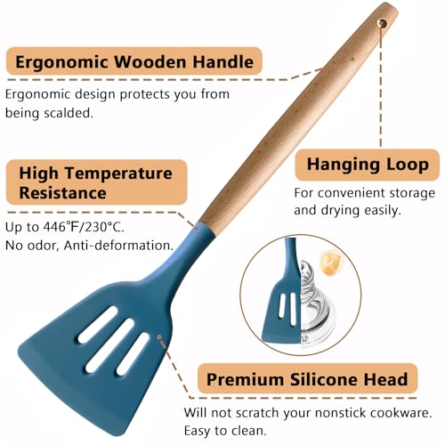 Silicone Kitchen Cooking Utensils Set 5Pcs Non-Stick Silicone Kitchen Utensils Set Spatula Spoon Turner Ladle with Wooden Handle, Heat Resistant Cooking Gadgets for Nonstick Cookware BPA-FREE - color: Blue, size: Standard 5-Piece Set