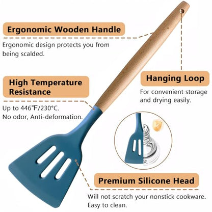 Silicone Kitchen Cooking Utensils Set 5Pcs Non-Stick Silicone Kitchen Utensils Set Spatula Spoon Turner Ladle with Wooden Handle, Heat Resistant Cooking Gadgets for Nonstick Cookware BPA-FREE - color: Blue, size: Standard 5-Piece Set