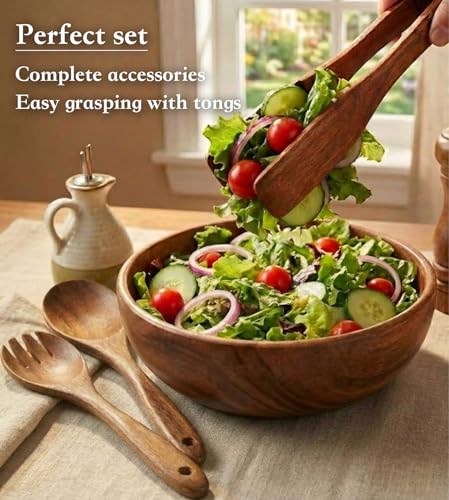 Acacia Wooden Salad Bowl Set 4Pcs,Wood Bowls Decorative With Wooden Spoons For Cooking,Forks, And Tongs.Acacia Wood Salad Bowl, Single-serve bowl,Couple Bowls For Housewarming Gift,Wedding
