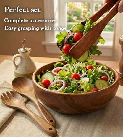 Acacia Wooden Salad Bowl Set 4Pcs,Wood Bowls Decorative With Wooden Spoons For Cooking,Forks, And Tongs.Acacia Wood Salad Bowl, Single-serve bowl,Couple Bowls For Housewarming Gift,Wedding