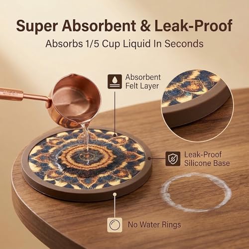 Absorbent Coasters for Drinks with Holder - 6packs, Silicone Coaster with Soft Felt Insert (4.3 inch Coasters with 4.5 inch Holder, Dual-Sided Mandala -Themed Patterns) - color: Dual-sided Mandala-themed Patterns
