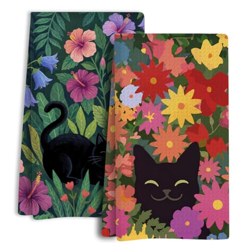 Cute Black Cat Kitchen Towels Set of 2, Dish Towels for Kitchen Soft Absorbent Tea Hand Towel for Home Bathroom Cleaning, Baking Decorative Housewarming Aesthetic Vintage Flower, 13.8 x 23.6 Inch - color: Cat 1456