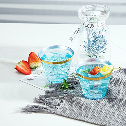 MirthMood 150PCS Blue Plastic Cups,9oz Clear Disposable Cups with Gold Rim | Old Fashioned Tumblers Gold Rimmed Plastic Cups for Any occasion: Weddings, Parties, Business Events - color: Blue