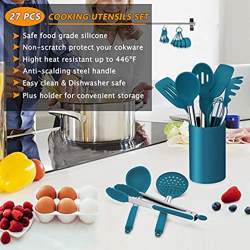 LIANYU 27 PCS Kitchen Utensils Set with Holder, Silicone Cooking Utensils Spatula Set with Stainless Steel Handle, Kitchen Cooking Gadgets Tools for Nonstick Cookware Set, Heat Resistant, Blue - color: Blue