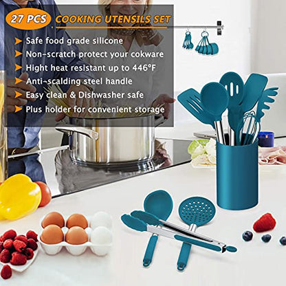 LIANYU 27 PCS Kitchen Utensils Set with Holder, Silicone Cooking Utensils Spatula Set with Stainless Steel Handle, Kitchen Cooking Gadgets Tools for Nonstick Cookware Set, Heat Resistant, Blue - color: Blue