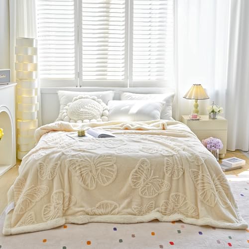 Butterfly Sherpa Throw Blanket 60 × 80 inch,Sherpa Fleece Blanket for All Season, Warm and Cozy Blankets for Bed Couch Sofa Office Camping, Off-White - color: D-off-white, size: 60x80 inch