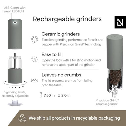 LARS NYSØM Electric Salt and Pepper Grinder Set I Automatic Salt and Pepper Mills with Adjustable Ceramic Grinder I USB Rechargeable Electric Spice Mill Set with LED Light (Ash Gray) - color: Ash Gray, size: Set of two electric mills