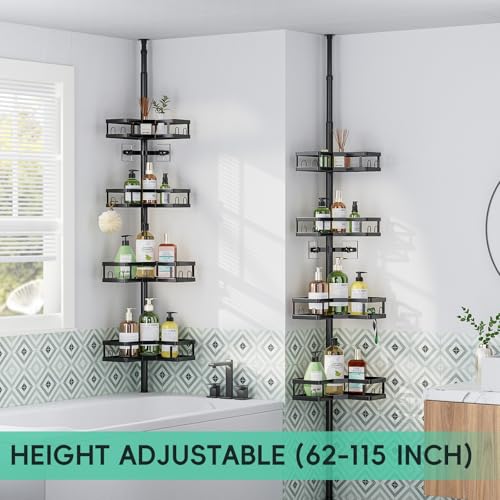 HEVEL Corner Shower Caddy Tension Pole, Adjustable Shower Organizer Corner 62-115 Inch, Rustproof Bathroom Storage Shower Shelves, Black