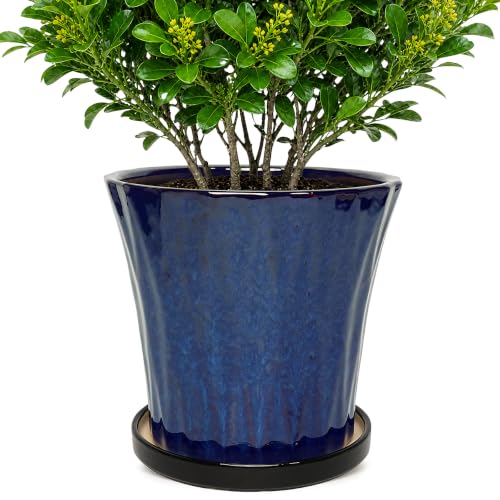 10 Inch Ceramic Planters with Drainage Hole and Saucer,Indoor Outdoor Large Flower Pots, Garden Pot for Plant Lovers (Blue) - color: Blue, size: 10 Inch