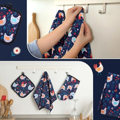 Frienda 6 Pcs Chicken Kitchen Oven Mitts Pot Holders and Dish Towels Set | Fall Thanksgiving Farmhouse Kitchen Decor Rooster Lover Gifts for Women Mom Cooking Baking Accessories - style: Cute Roosters