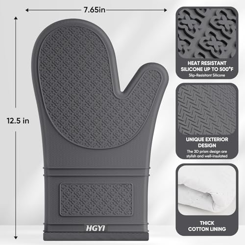 Silicone Oven Mitts, Heat Resistant Oven Gloves with Quilted Liner, Waterproof & Non-Slip Kitchen Mittens for Baking Cooking BBQ, 500°F, 12.5"-Deep Gary - color: Deep Gary