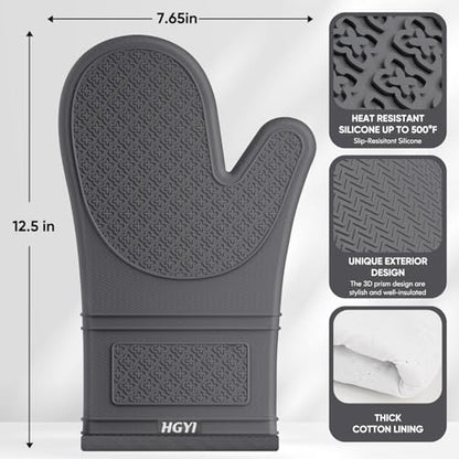 Silicone Oven Mitts, Heat Resistant Oven Gloves with Quilted Liner, Waterproof & Non-Slip Kitchen Mittens for Baking Cooking BBQ, 500°F, 12.5"-Deep Gary - color: Deep Gary