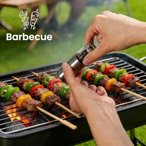 Mini Salt and Pepper Grinder Set Stainless Steel, Small Tiny Adjustable Coarseness Ceramic Salt Grinder with Funnel and Bag Portable Handy Spice Pepper Mill Shaker For Outdoor Party Lunch Bag Kitchen - color: Silver 2-Pack