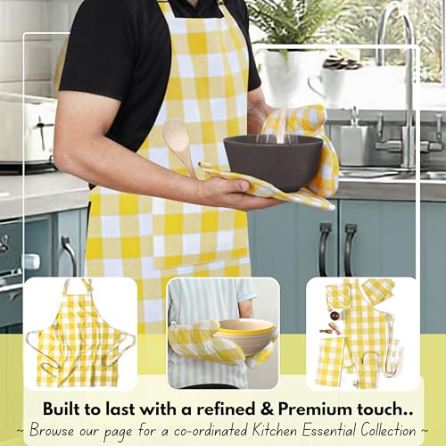 Native Fab Buffalo Plaid Check Oven Mitts and Pot Holders Set of 4, 100% Cotton Heat Resistant Kitchen Gloves, 2 Oven Mitts (7x13), 2 Pot Holders (8x8) for Cooking & Baking, Lemon Yellow White - color: Buffalo, Lemon Yellow