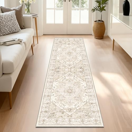 AooHHooA Boho Washable 2x6 Runner Rugs Non Slip Low Pile, Stain Resistant Vintage Soft Runners for Kitchen Hallway Laundry Entryway Bedroom,Beige - color: Beige 2, size: 2' x 6' (Runner)