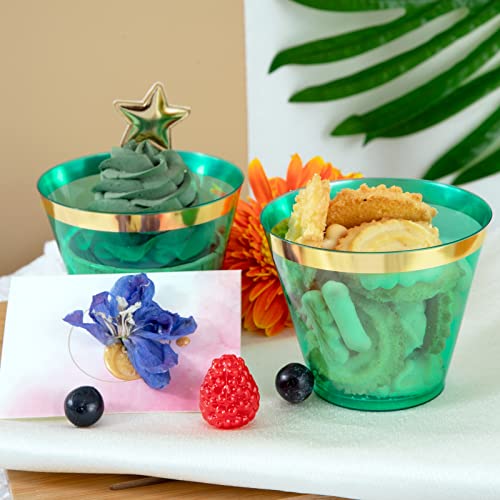 150 PCS Green Plastic Cups,9oz Clear Green Disposable Cups with Gold Rim | Old Fashioned Tumblers Gold Rimmed Green Plastic Cups,Unbreakable cups for Any occasion: Weddings, Parties, Business Events - color: Green