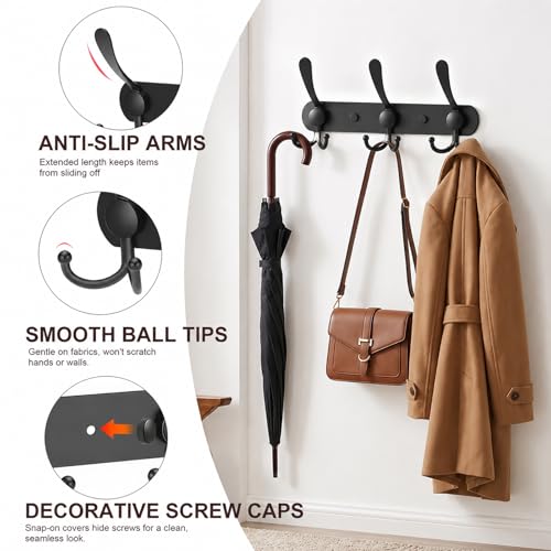 YUNISS Coat Rack Wall Mounted，3 Tri Stainless Steel Coat Hook for Coat Hat Robes Towel in Mudroom Entryway (Black, 1 Pack 3 Hook) - color: Black, size: 1 Pack 3 Hook
