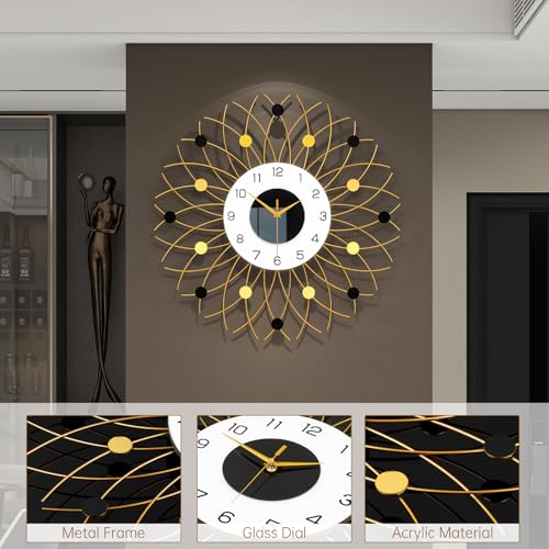 Large Gold Starburst Wall Clcok with Light for Living Room Decor | 24 Inch Big Luxury Decorative Wall Clock Battery Operated Non Ticking Silent Modern Luminous Clock for Kitchen Office Home - style: Modern