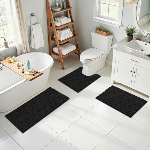 Bsmathom 3 Piece Bathroom Rug Sets, Non Slip Microfiber Bath Mat, Black | Plush Water Absorbent Bath Rug Sets with U-Shaped Contour Toilet Mat, Machine Washable Carpet for Bathroom Sink, Shower - color: Black