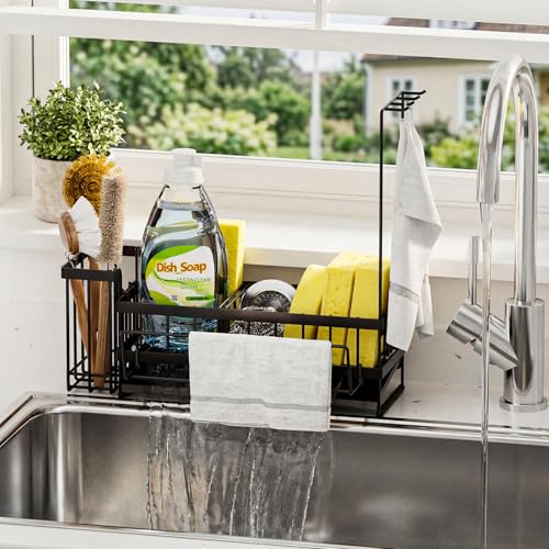 Kitchen Sink Organizer, Stainless Steel Sponge Holder, Black | Rust-Resistant Steel, Detachable Draining Board, Compartment Divider, Brush Holder & Towel Bar, Ideal for Kitchen Storage - color: Black