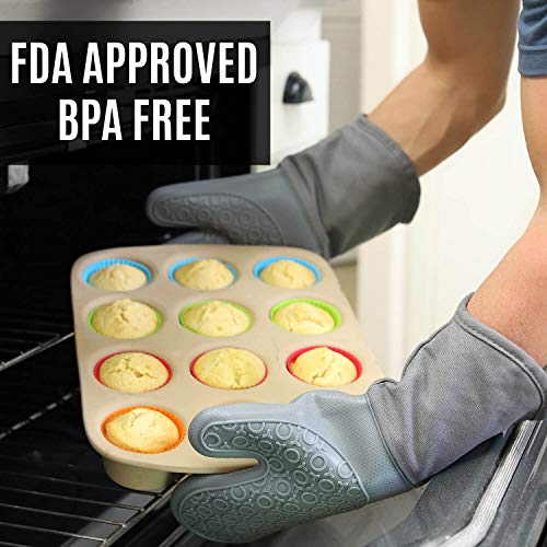 BPA-Free Soft Silicone 4 Piece Oven Mitts & Trivets Set - Ultra Heat Resistant Oven Mitts with Thick Cotton Liner - Long Slip Resistant Pot Holders, Flexible Oven Gloves - Gray - color: Gray, size: 4-Piece Oven Mitts & Trivets Set