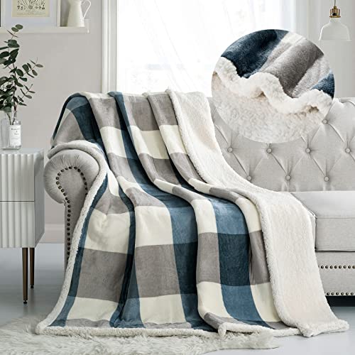 PU MEI Sherpa Fleece Throw Blanket 80" x 90" Full/Queen Reversible Plush Fluffy Extra Large Big Blanket Lattice Flannel Blankets for Sofa Couch Bed (Grey-Soft Blue, 80"*90") - color: Grey-blue, size: 80"*90"