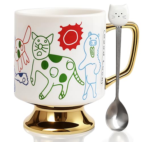 Christmas Mugs Whimsical Animal Ceramic fun Coffee Mug – 14oz Childlike Hand-Drawn Cat, Dog & Bear Design – Cute gothic Coffee Cup Gift for Women, Girls, Kids (white) - color: White