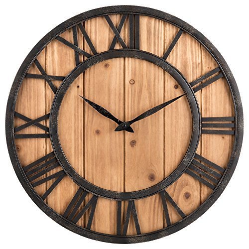 Oldtown Farmhouse Metal & Solid Wood Noiseless Wall Clock (Wood, 18-inch) - color: Wood, size: 18-inch