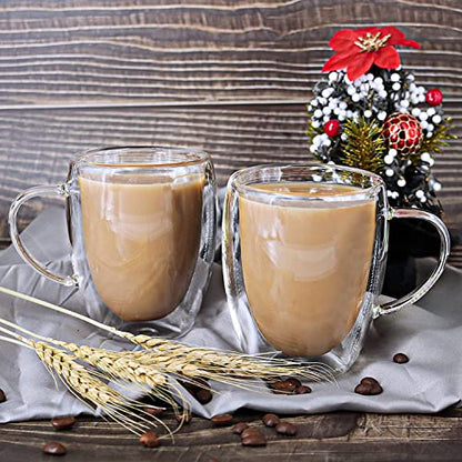 15 Oz Double Walled Glass Coffee Mugs, 2 Packs Clear Coffee Mugs with Lids Insulated Coffee Cups with Handle Perfect for Cappuccino,Tea,milk ,Espresso,Latte, Hot Beverage Set of 2 (Glass lid, 15oz) - color: 15oz