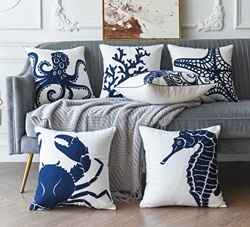 Embroidered Crab Throw Pillow Cover,Square 18 Inches Decorative Crab Canvas Pillow Cover for Nautical Style Deco by (Navy-Crab-New)