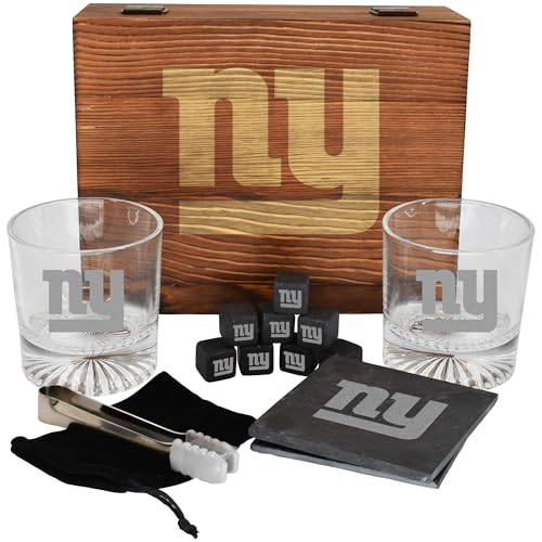 The Memory Company Licensed NFL Wood Boxed Drinkware Gift Set - Includes 2 Premium Rock Glasses, Cooling Cubes, Tongs, and Coasters, New York Giants - color: New York Giants