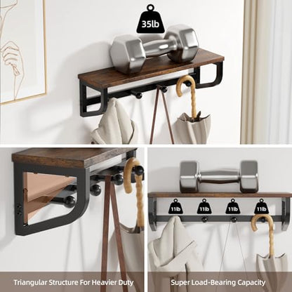 Coat Rack Wall Mount, Wood Wall Shelf with Hooks, Coat Hanger Wall Mount with 4 Metal Hooks, Wall Mounted Coat Rack Organizer for Entryway, Bedroom, Living Room, Room Decor, Brown 2 Pack - size: 33.8 inch-2 pack