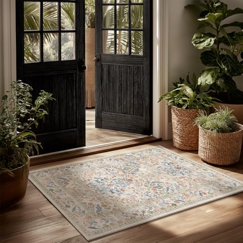 Machine Washable 2x3 Rugs for Entryway: Door Mat Indoor Entrance Small Area Rug Non-Slip Low Pile Kitchen Throw Rug for Front Door Indoor Entrance Bedside Entry Kids Room - color: Animal and Floral-blue Cream, size: 2' x 3' (Rectangular)