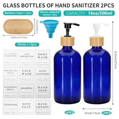2 Pack 16 Oz Glass Soap Dispenser Set with Tray, Hand Dish Soap Dispenser Set for Bathroom and Kitchen Bottle Dispenser with Dish Soap, Hand Soap, Lotion (Blue) - color: Blue