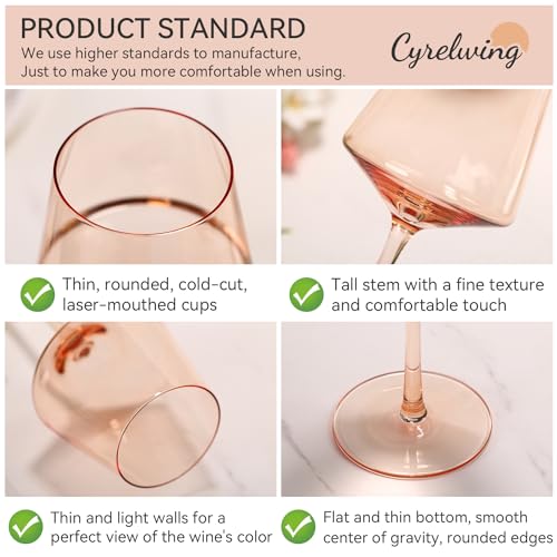Light peach orange Wine Glasses Set of 6,18oz Blush Pink Wine Glassware Gift Set-Pale peach Hand Blown light peachy-orange Glass Drinkware for Red White Wine - color: Light Amber