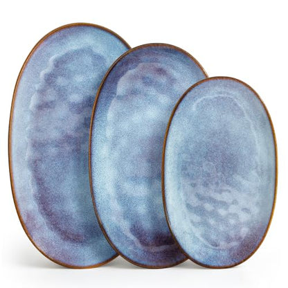vancasso Ceramic Serving Platters Set of 3, Oval 16/14.7/13.5 Inch Stoneware Serving Dishes for Entertaining, Microwave Safe Serving Trays for Food, Turkey, Cheese, Party, Reactive Glaze Blue - color: Blue
