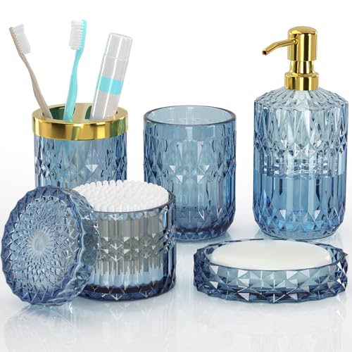 Blue Bathroom Accessories 5 Pcs, Glass Bathroom Accessory Set, Vintage Blue Bathroom Set, Soap Dispenser and Toothbrush Holder Set, Qtip Holder, Bathroom Sets Complete, Modern Bathroom Decor - style: blue