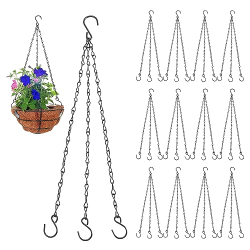 12 Pcs 15.7 inch Hanging Basket Chains 3 Point with Hooks, Black | Flower Pot Chains for Hanging Baskets, Plant Hanger Replacement Chain for Planters, Garden, Bird Feeders, Indoor & Outside