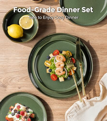 GBHOME Stoneware Dinnerware Sets for 4, 12 Pieces Plates and Bowls Set | Lightweight Ceramic Ribbed Dishes,Reactive Glaze Stackable Plate Set,Scratch Resistant,Microwave&Dishwasher Safe,Sage Green - color: Sage Green