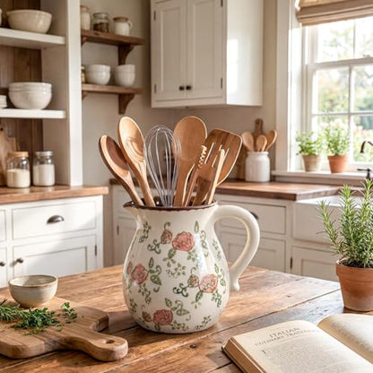 Retro Rustic Ceramic Utensil Holder 6.1" Modern Farmhouse Utensil Crock with Handle Kitchen Organizer for Countertop Home Decoration Housewarming Gift (Red Rose) - style: Red Rose