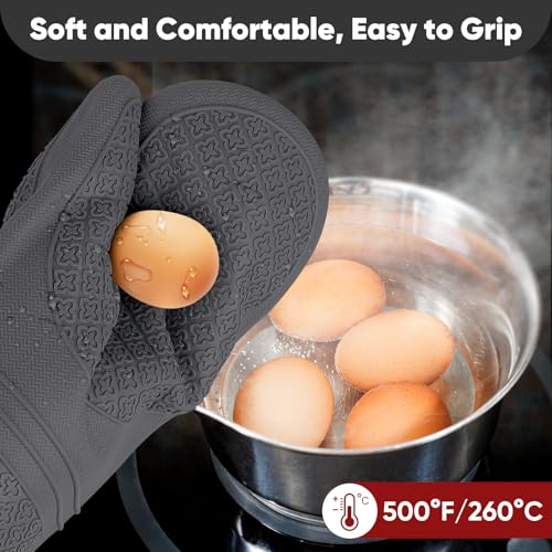 Silicone Oven Mitts, Heat Resistant Oven Gloves with Quilted Liner, Waterproof & Non-Slip Kitchen Mittens for Baking Cooking BBQ, 500°F, 12.5"-Deep Gary - color: Deep Gary